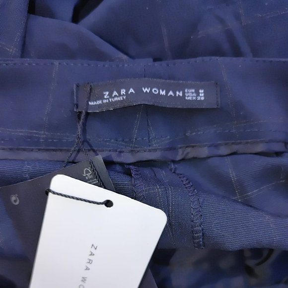 NWT Zara PLEATEDWIDE LEGS NAVY PLAID MINIMALIST CROPPED TROUSERS PANTS. M - Picture 6 of 6